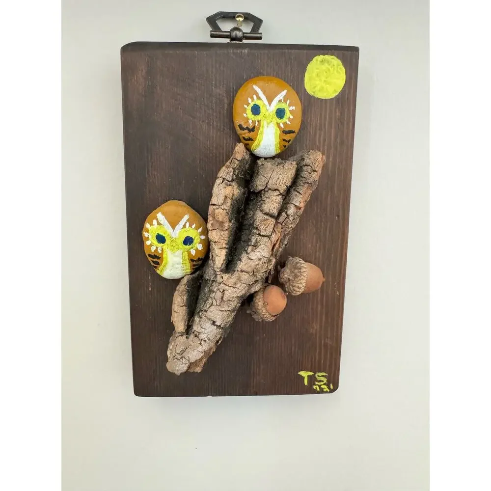 Owl Rock Vintage 72 Hanging Wood Plaque Hand Painted Cottage Core Folk Art